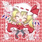  1girl :3 arm_up bat_wings blonde_hair blush chibi closed_eyes crescent_moon crystal flandre_scarlet hat lilywhite_lilyblack long_hair moon open_mouth pantyhose rabbit_head red_background ribbon smile touhou wings 