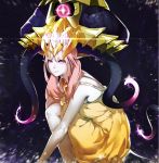  1girl ajahweea bent_knees dress extra_eyes genderswap league_of_legends long_hair personification pink_hair pointy_ears smile solo tentacles twintails vel&#039;koz violet_eyes yellow_dress 