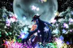  1girl blue_hair butterfly dress flower food from_behind fruit full_moon hand_on_hilt hat hinanawi_tenshi jyuzujyzu8115 leaf long_hair looking_over_shoulder moon night peach red_eyes short_sleeves sky solo star_(sky) starry_sky sword touhou tree very_long_hair weapon 