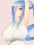  1girl aoki_hagane_no_arpeggio arm_up armpits blue_eyes blue_hair blush breasts collarbone dress gradient_hair hand_on_hip highres large_breasts long_hair multicolored_hair no_bra pink_background ponytail shumichi simple_background solo takao_(aoki_hagane_no_arpeggio) taut_clothes wince wink 