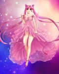  1girl 2013 absurdres bare_legs bare_shoulders bishoujo_senshi_sailor_moon chibi_usa double_bun dress earrings facial_mark forehead_mark full_body gradient gradient_background highres jewelry lirahalovna long_hair looking_away older parted_lips pink_dress pink_hair red_eyes signature small_lady_serenity solo sparkle twintails very_long_hair 