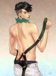  1boy back black_hair brown_eyes earrings eyelashes facing_away headband headband_around_neck icym jewelry jojo_no_kimyou_na_bouken kishibe_rohan lipstick looking_at_viewer looking_over_shoulder makeup male shirtless simple_background solo suspenders underwear undressing 