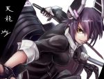  1girl breasts eyepatch fingerless_gloves gloves headgear kantai_collection large_breasts necktie personification purple_hair school_uniform short_hair sleeves_rolled_up smile solo sowel_(sk3) sword tenryuu_(kantai_collection) weapon yellow_eyes 