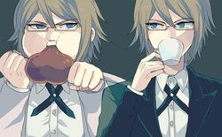  2boys blonde_hair blue_eyes chara_rira cup dangan_ronpa drinking eating food formal glasses grey_background looking_at_another meat multiple_boys necktie short_hair suit super_dangan_ronpa_2 teacup togami_byakuya 