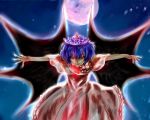  1girl alternate_costume ash_(ashponmomo) aura bat_wings blood bloody_clothes blue_hair capelet corsage dress fang_out fangs full_moon glowing glowing_eyes looking_at_viewer moon night outdoors outstretched_arms red_eyes red_moon remilia_scarlet short_hair smile solo spread_arms tiara touhou wings 