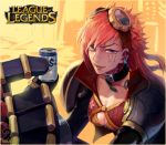  1girl 2gold blue_eyes breasts cleavage copyright_name drink earrings fangs goggles jewelry league_of_legends long_sleeves looking_at_viewer mechanical_arm mechanical_arms open_mouth pink_hair smile solo vi_(league_of_legends) 