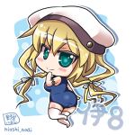  1girl ass blonde_hair blue_eyes breasts chibi glasses glasses_removed hat i-8_(kantai_collection) kantai_collection long_hair looking_back low_twintails name_tag noai_nioshi one-piece_swimsuit peaked_cap personification school_swimsuit smile solo swimsuit thigh-highs twintails white_legwear 