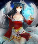  1girl ahri animal_ears baka-pet black_hair breasts cleavage detached_sleeves dress facial_mark fox_ears fox_tail japanese_clothes league_of_legends long_hair long_sleeves multiple_tails smile solo tail yellow_eyes 