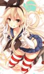 1girl blonde_hair brown_eyes double_v elbow_gloves gloves hairband kantai_collection long_hair looking_at_viewer panties personification pleated_skirt shimakaze_(kantai_collection) skirt smile solo striped striped_legwear thigh-highs toosaka_asagi underwear v 