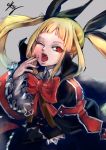  1girl blazblue blonde_hair bow fangs gothic_lolita hair_ribbon lolita_fashion long_hair rachel_alucard red_eyes ribbon solo sowel_(sk3) tears twintails vampire waking_up yawning 