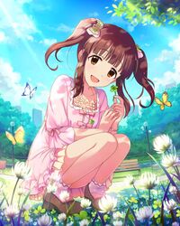  1girl artist_request bracelet brown_eyes brown_hair butterfly idolmaster idolmaster_cinderella_girls jewelry necklace ogata_chieri tree twintails 