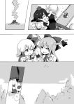  3girls hair_ribbon hakurei_reimu hakurei_reimu_(cosplay) hat horns ibuki_suika monochrome multiple_girls ribbon rumia shameimaru_aya shirane_koitsu smoke tokin_hat touhou 