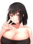  1girl bare_shoulders black_hair breasts bust cleavage hair_ornament hairclip highres huge_breasts looking_at_viewer original shumichi simple_background skindentation smile waving white_background 