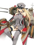  1girl bismarck_(kantai_collection) blonde_hair blue_eyes breasts brown_gloves detached_sleeves gloves grey_legwear hat highres kantai_collection large_breasts long_hair mecha_musume military military_hat military_uniform peaked_cap sheath sheathed solo sword thigh-highs uniform weapon zekkyon 