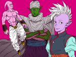  3boys antennae arm_guards black_eyes black_sclera bust cape claptrack crossed_arms dragon_ball dragon_ball_z earrings evil_grin evil_smile floating full_body green_skin grin hat high_collar jewelry kaioushin looking_at_viewer majin_buu male mohawk multiple_boys muscle piccolo pink_background pink_skin pointy_ears purple_skin red_eyes simple_background smile turban white_hair 