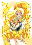  1girl between_breasts blonde_hair blush bow bowtie breasts cure_honey earrings hair_bow happinesscharge_precure! jewelry kurogane_(majesticrune) large_breasts licking long_hair magical_girl oomori_yuuko precure puffy_sleeves skirt smile solo wand wrist_cuffs yellow_eyes yellow_skirt 