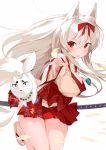  1girl af_bunko animal_ears bare_legs breasts cleavage fire fox fox_ears fox_tail hair_ribbon hakama_skirt katana large_breasts long_hair nauribon obi outstretched_hand red_eyes ribbon sandals sash solo sword tail thighs weapon white_hair 