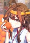  1girl bare_shoulders blush breasts brown_eyes brown_hair detached_sleeves double_bun food fruit hair_ornament hairband headgear highres japanese_clothes kantai_collection kongou_(kantai_collection) konkito long_hair market nontraditional_miko open_mouth orange personification skirt smile solo 