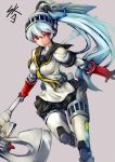  android aqua_hair axe hair_ornament highres labrys persona persona_4:_the_ultimate_in_mayonaka_arena ponytail red_eyes school_uniform skirt sowel_(sk3) weapon 