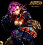  1girl 2gold armor black_background blue_eyes breasts cleavage earrings fighting_stance goggles goggles_on_head grin jewelry league_of_legends mechanical_arm mechanical_arms pink_hair smile solo vi_(league_of_legends) 