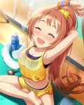  1girl :d ^_^ armpits arms_behind_head barefoot blush bottle breasts character_name cleavage closed_eyes clothes_writing dripping hot idolmaster idolmaster_cinderella_girls indian_style midriff navel official_art open_mouth orange_hair ponytail sitting smile solo star stopwatch stretch sweat sweat_stain sweating towel wakabayashi_tomoka watch water_bottle wet wet_clothes 
