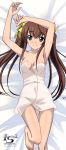 1girl absurdres armpits arms_up bed_sheet blue_eyes blush breasts brown_hair covered_navel dakimakura feet highres huang_lingyin infinite_stratos logo long_hair lying naked_towel official_art on_back shiny shiny_skin smile solo towel twintails 