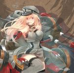  1girl bismarck_(kantai_collection) blonde_hair blue_eyes blush breasts brown_gloves cannon detached_sleeves gloves grey_legwear hat kantai_collection long_hair military military_hat military_uniform peaked_cap personification solo thigh-highs turret uniform white_s 