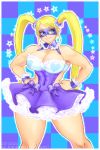  1girl alternate_costume blonde_hair blue_eyes breasts cleavage covered_navel frilled_skirt frills hands_on_hips heart large_breasts long_hair mask mimimoon rainbow_mika skirt smile solo street_fighter thick_thighs thighs twintails wide_hips wrist_cuffs 