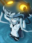  1girl blue_eyes blush bodysuit breasts gloves glowing glowing_eyes hat heterochromia highres kantai_collection kedama_keito long_hair looking_at_viewer monster pale_skin personification shinkaisei-kan silver_hair solo wading water wo-class_aircraft_carrier yellow_eyes 