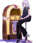  1girl alternate_costume bakuya bar_stool blue_eyes braid chair hands_on_lap hands_together high_heels highres izayoi_sakuya jukebox looking_at_viewer no_hat pants rough shirt silver_hair simple_background sitting sleeveless sleeveless_shirt smile solo touhou white_background wristband 