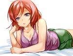  1girl ajishio blush chin_rest looking_at_viewer love_live!_school_idol_project lying nishikino_maki on_stomach open_mouth redhead short_hair shorts solo tank_top violet_eyes 