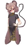  1girl alternate_costume animal_ears black_legwear blush china_dress chinese_clothes grey_hair jewelry looking_at_viewer mouse_ears mouse_tail nazrin pantyhose pendant red_eyes short_hair simple_background solo tail touhou white_background yunuki_uta 