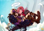  1boy 2girls 2gold belt blue_eyes boots brown_eyes brown_gloves brown_hair caitlyn_(league_of_legends) carrying dress earrings garen_crownguard gloves goggles goggles_on_head hat jewelry league_of_legends long_hair mechanical_arms multiple_girls open_mouth pink_hair princess_carry purple_dress smile speech_bubble text vi_(league_of_legends) yuri 