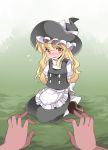  1girl apron black_dress blonde_hair blush braid commentary_request dress flying_sweatdrops hammer_(sunset_beach) hat kirisame_marisa long_hair looking_at_viewer open_mouth pov_hands puffy_sleeves seiza shirt short_sleeves single_braid sitting solo tied_up touhou very_long_hair waist_apron witch_hat yellow_eyes 