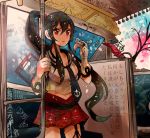  1girl anchor_symbol black_hair breasts cleavage gloves itomugi-kun kantai_collection midriff navel necktie ponytail red_eyes skirt train train_interior yahagi_(kantai_collection) 