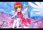  1girl :d bow brown_hair cardcaptor_sakura cherry_blossoms clock clock_tower gloves green_eyes hat highres kinomoto_sakura letterboxed looking_at_viewer magical_girl mutsuki_(moonknives) open_mouth sky smile solo thigh-highs tower white_legwear 