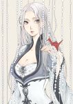  1girl breasts character_request cleavage grey_eyes long_hair looking_away pearl side_glance simple_background solo white yangyieva 