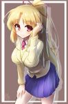  1girl 2014 azalanz blazer blonde_hair blush breasts dated hair_ribbon kiritani_yukina long_hair long_sleeves looking_at_viewer necktie number parted_lips pleated_skirt ponytail red_eyes ribbon saikin_imouto_no_yousuga_chotto_okashiindaga school_uniform signature silhouette skirt solo standing very_long_hair 