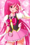  1girl ;d aino_megumi amane_satsuki bowtie brooch character_name copyright_name cure_lovely earrings happinesscharge_precure! jewelry long_hair magical_girl open_mouth pink_background pink_eyes pink_hair pink_skirt ponytail precure skirt smile solo sparkle wink wrist_cuffs 
