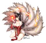  1girl ahri animal_ears black_hair breasts cleavage detached_sleeves dress fire fox_ears fox_tail japanese_clothes jeongmito large_breasts league_of_legends long_hair long_sleeves looking_at_viewer multiple_tails open_mouth smile solo tail white_background yellow_eyes 