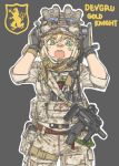  1girl bandaid bandaid_on_nose blonde_hair breasts gloves goggles green_eyes gun h&amp;k_mp7 hands_on_headwear headset heckler_&amp;_koch load_bearing_vest military military_uniform open_mouth original scarf shino_(r_shughart) simple_background sleeves_rolled_up solo submachine_gun suppressor uniform watch weapon 