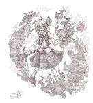  1girl :d absurdres belt graphite_(medium) greyscale hair_ribbon highres looking_at_viewer monochrome necktie open_mouth ribbon rumia shirt shoes short_hair signature skirt smile socks sogin solo touhou traditional_media vest 