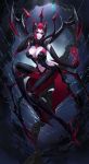  1girl black_gloves breasts claws cleavage elise_(league_of_legends) gloves highres insect_girl league_of_legends liuruoyu8888 navel red_eyes smile solo spider_girl spider_web white_skin 