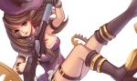 1girl blue_eyes boots brown_hair caitlyn_(league_of_legends) dress gun hat holding_weapon kaka_cheung league_of_legends long_hair purple_dress smile solo weapon white_background 