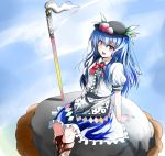  1girl :o arm_support blue_hair boots bow cross-laced_footwear dress food food_themed_clothes fruit hat highres hinanawi_tenshi karadborg lace-up_boots leaning_back long_hair looking_at_viewer open_mouth peach planted_sword planted_weapon red_eyes rock short_sleeves sitting sitting_on_rock skirt sky solo sword sword_of_hisou touhou weapon 