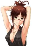  1girl akizuki_ritsuko armpits arms_up bracelet breasts brown_hair cleavage dress earrings formal idolmaster jewelry glasses red-framed_glasses solo white_background 