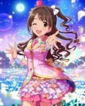  1girl :d bow brown_eyes brown_hair hair_bow hat idolmaster idolmaster_cinderella_girls long_hair moon necktie night night_sky open_mouth outstretched_hand shimamura_uzuki side_ponytail skirt sky smile solo wink wrist_cuffs 