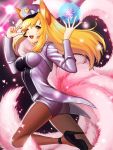  1girl ahri alternate_costume alternate_hair_color animal_ears blonde_hair breasts facial_mark fox_ears fox_tail hat high_heels jacket league_of_legends long_hair long_sleeves multiple_tails open_mouth pantyhose shorts smile solo tail whitehee93 wink yellow_eyes 