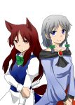  2girls alternate_costume animal_ears apron arm_holding blue_eyes bow braid brooch brown_hair collarbone cosplay costume_switch enmaided expressionless fang fang_out hair_bow imaizumi_kagerou imaizumi_kagerou_(cosplay) izayoi_sakuya izayoi_sakuya_(cosplay) jewelry juliet_sleeves layered_dress light_smile long_hair long_sleeves maid multiple_girls puffy_sleeves red_eyes sento_(artist) shawl short_hair silver_hair simple_background touhou twin_braids v_arms waist_apron white_background wolf_ears 