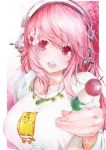  1girl breasts dango flower flower_on_head food headphones highres large_breasts long_hair looking_at_viewer nitroplus open_mouth pink_eyes pink_hair smile solo suno486_x super_sonico traditional_media wagashi 